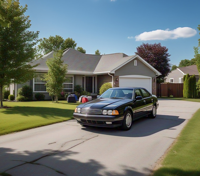 A car parked in front of a house on concrete driveway showing why you need concrete driveway care tips