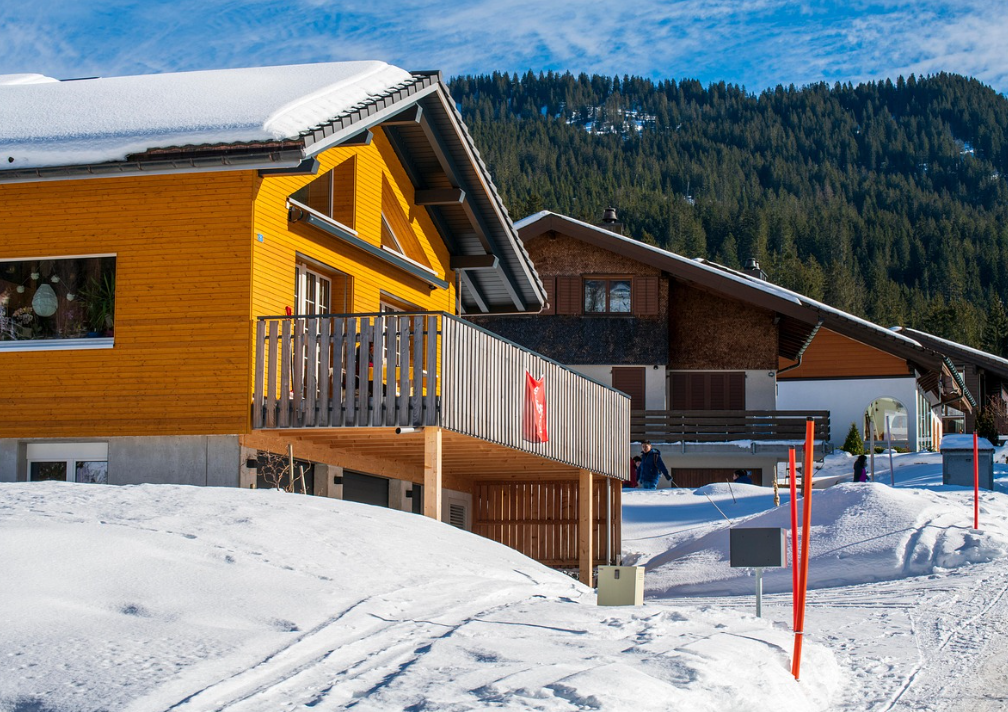 house in winter with snow. driveway salt protection